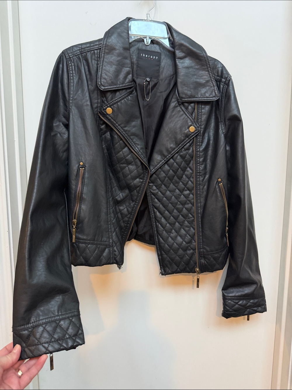 Therapy Black Quilted Moto Jacket w Brass Hardware Fully Lined Pleather Jacket
